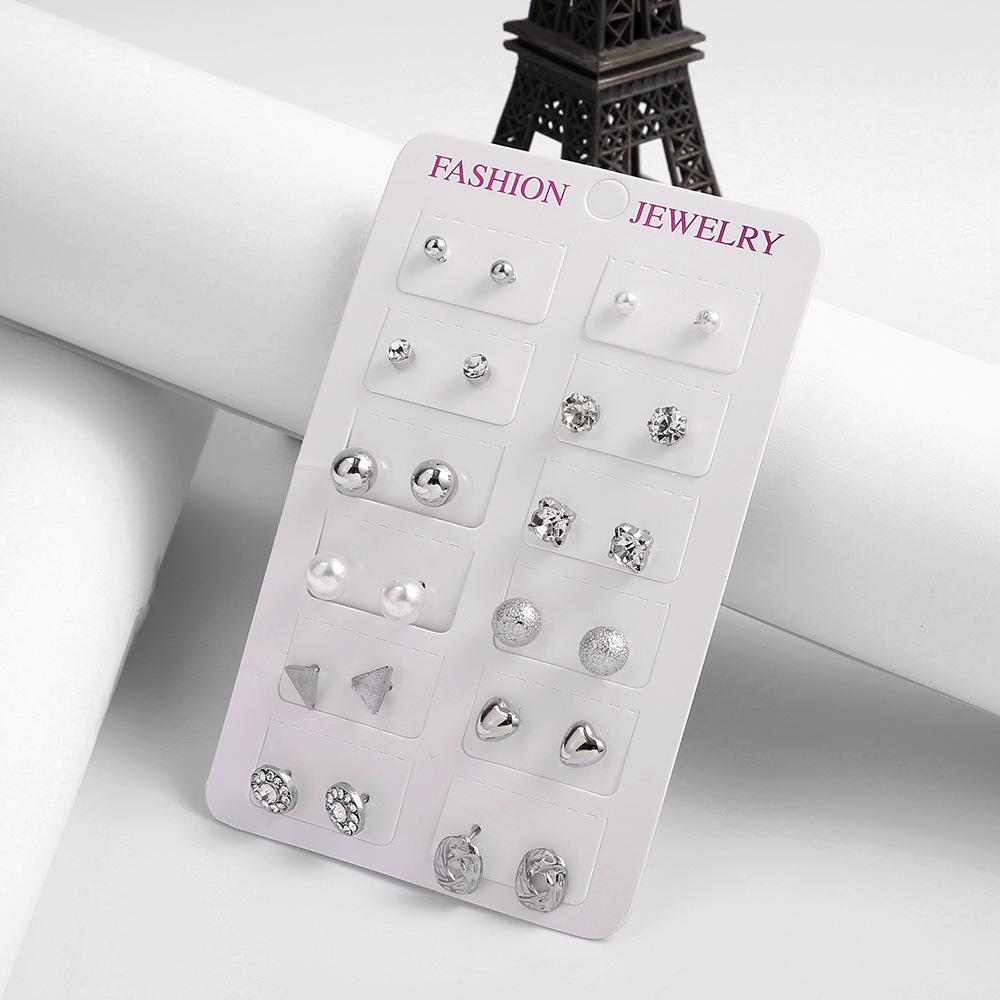 Earrings, Fashion Pearl Sparkling Diamond Zircon 12 Pairs Combination Set Earrings