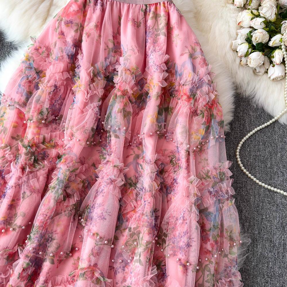 DIMANAF 2025 Summer Women Skirts New Elastic Waist Pleated Mesh Elegant Skirts