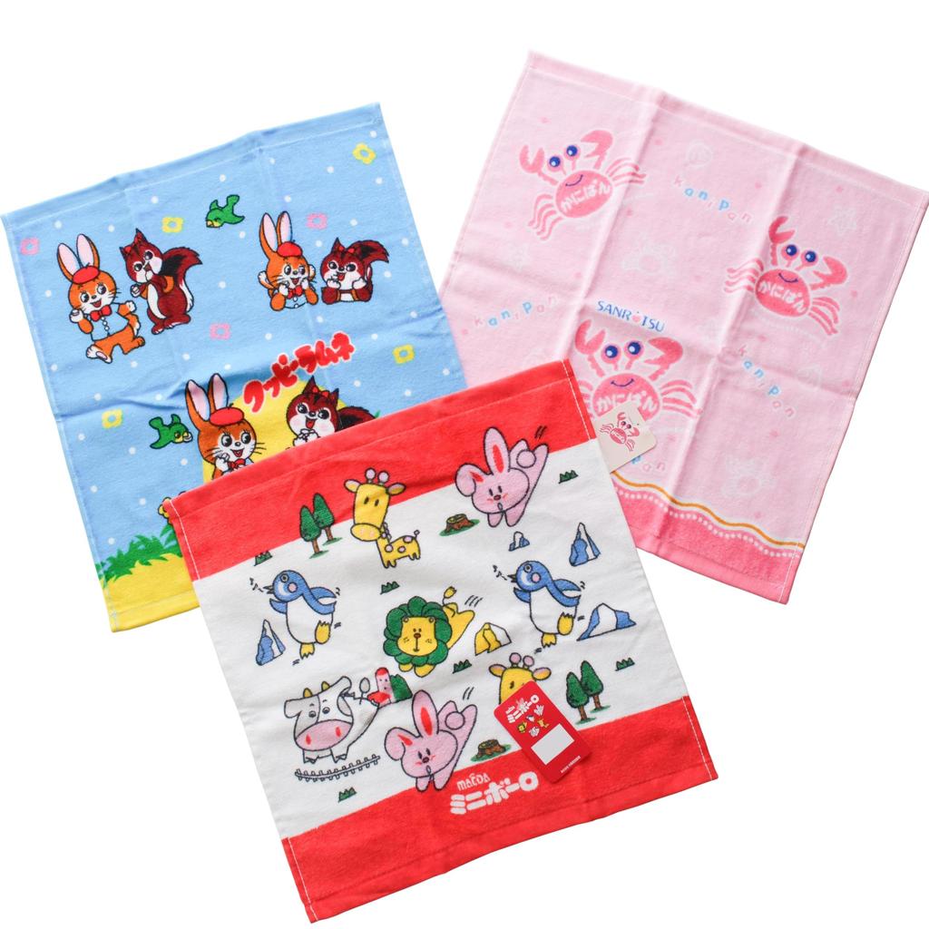 Funny Hand Towels and Mini Towels Featuring Popular Snack Designs. 100% Cotton. (A. Cuppy Ramune, Mini Bolo, Crab Pan)
