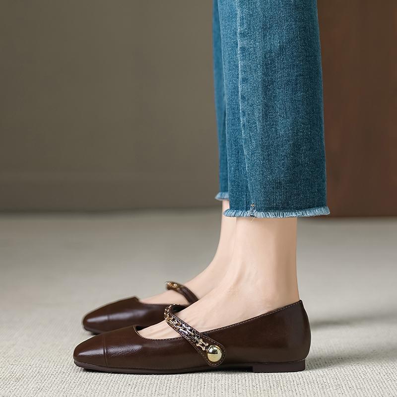 Französische Damen-Ballerinas mit Ein-Wort-Schnalle, Frühling und Herbst 2025 neu, Kette, flacher Ausschnitt, eckige Spitze, Retro Mary Jane Damenschuhe