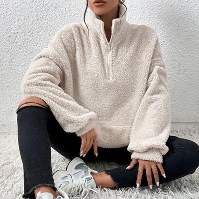 Damen-Sweatshirt mit Stehkragen, modischer einfarbiger Pullover, Sherpa, lässige Oberbekleidung