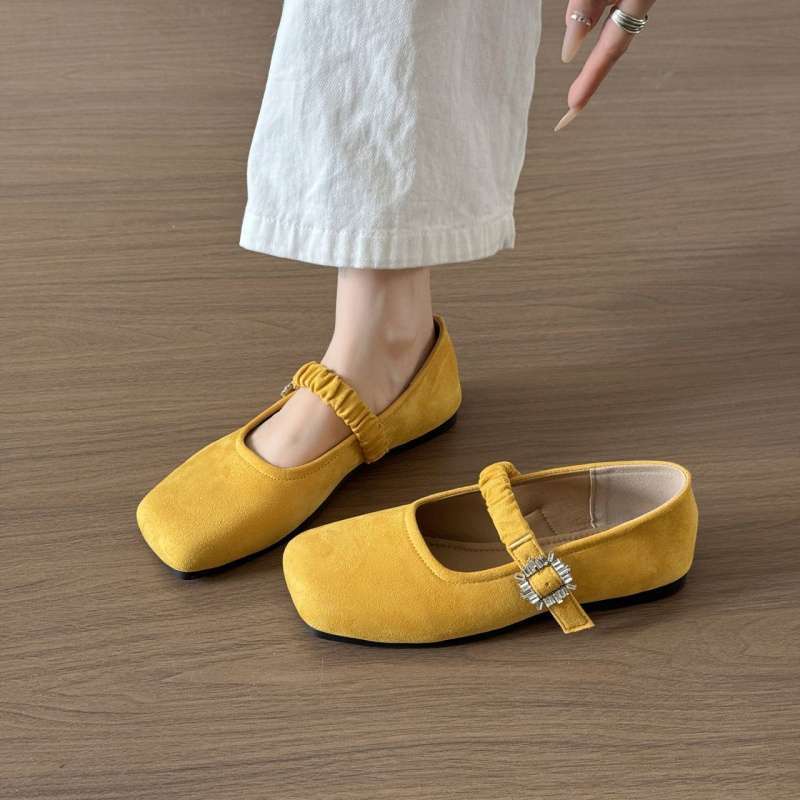 French Square Head Mary Jane Shoes Light Mouth Suede Soft Sole Non-slip Spring Flat 2025 Single Shoes New Skirt Shoes