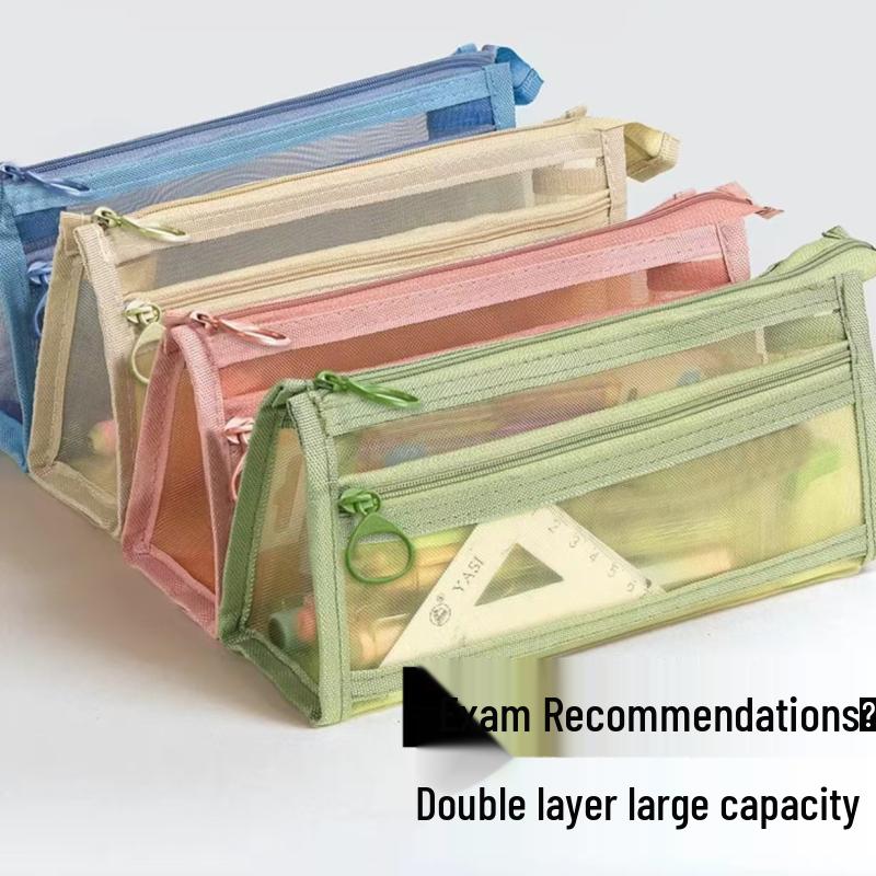Dual-Layer Mesh Pencil Case: Large Capacity Stationery Bag for Exams and Elementary Students
