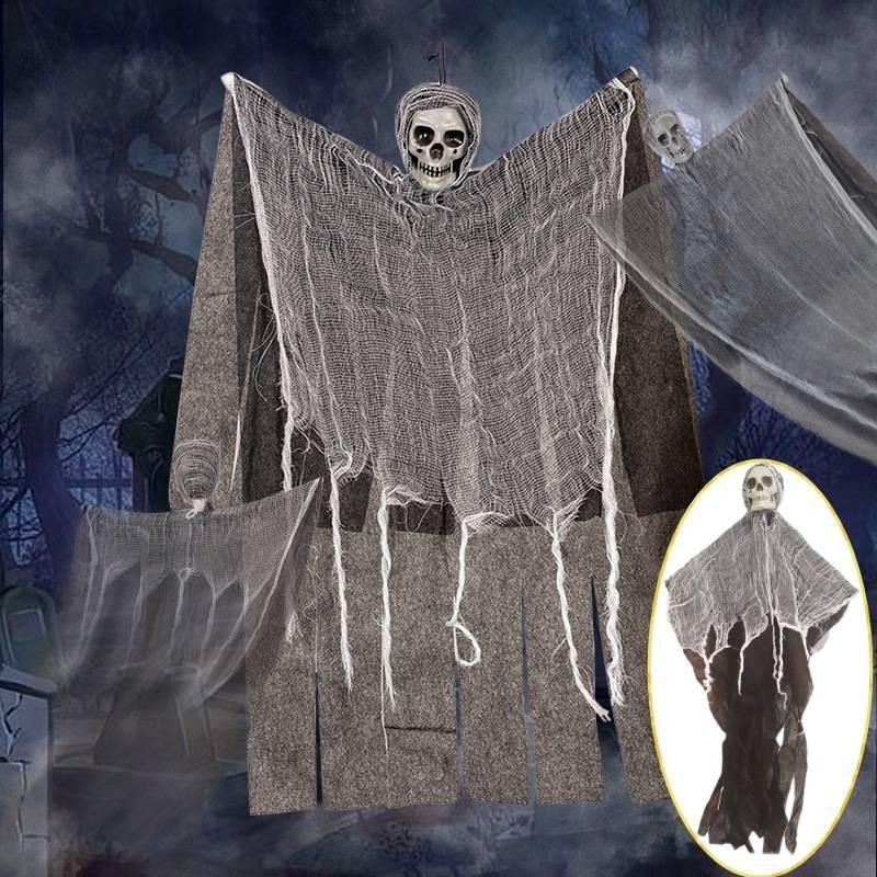 Läskig Halloween-dekoration Hängande spökskalle med gasväv För spökhus Läskig rekvisita