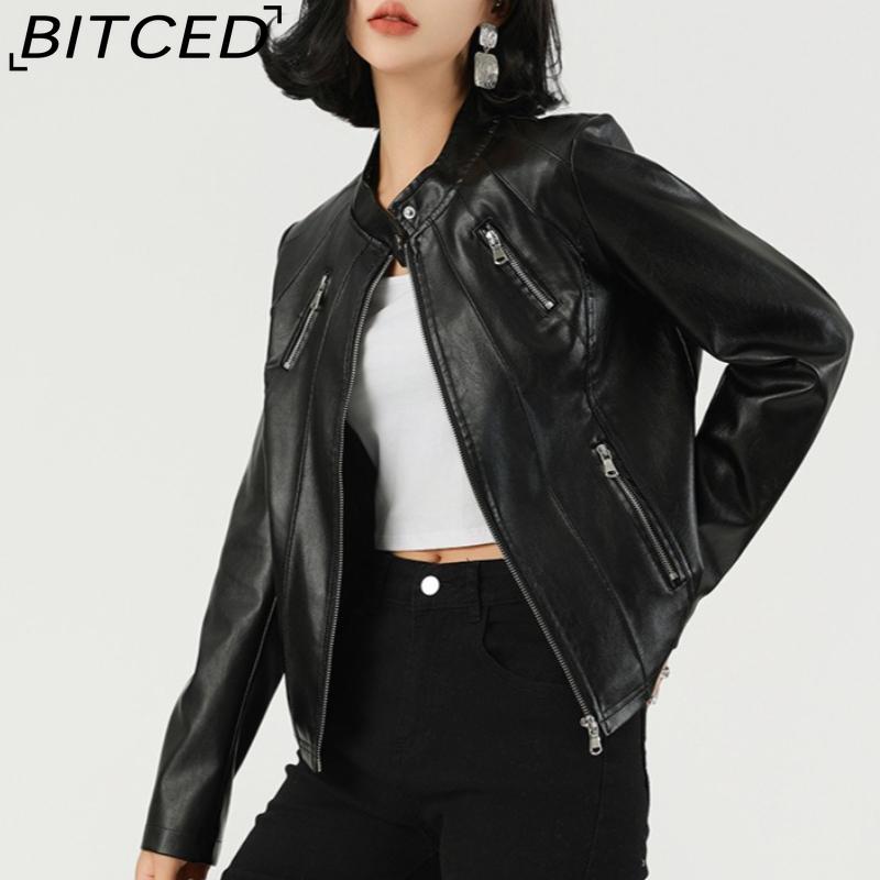 BITCED Autumn Slim-Fit Women's Leather Jacket Slim-Fit Outerwear Leather Clothing for Women