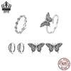 S925 Sterling Silver Butterfly Rose Earrings & Ring Set - Open Ring Design for Women