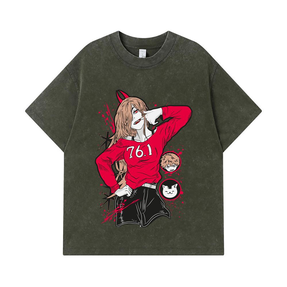 

275 GSM Washed T-shirts 100% Cotton Chainsaw Man V6 Power Print Unisex Heavy Cotton T Shirt S