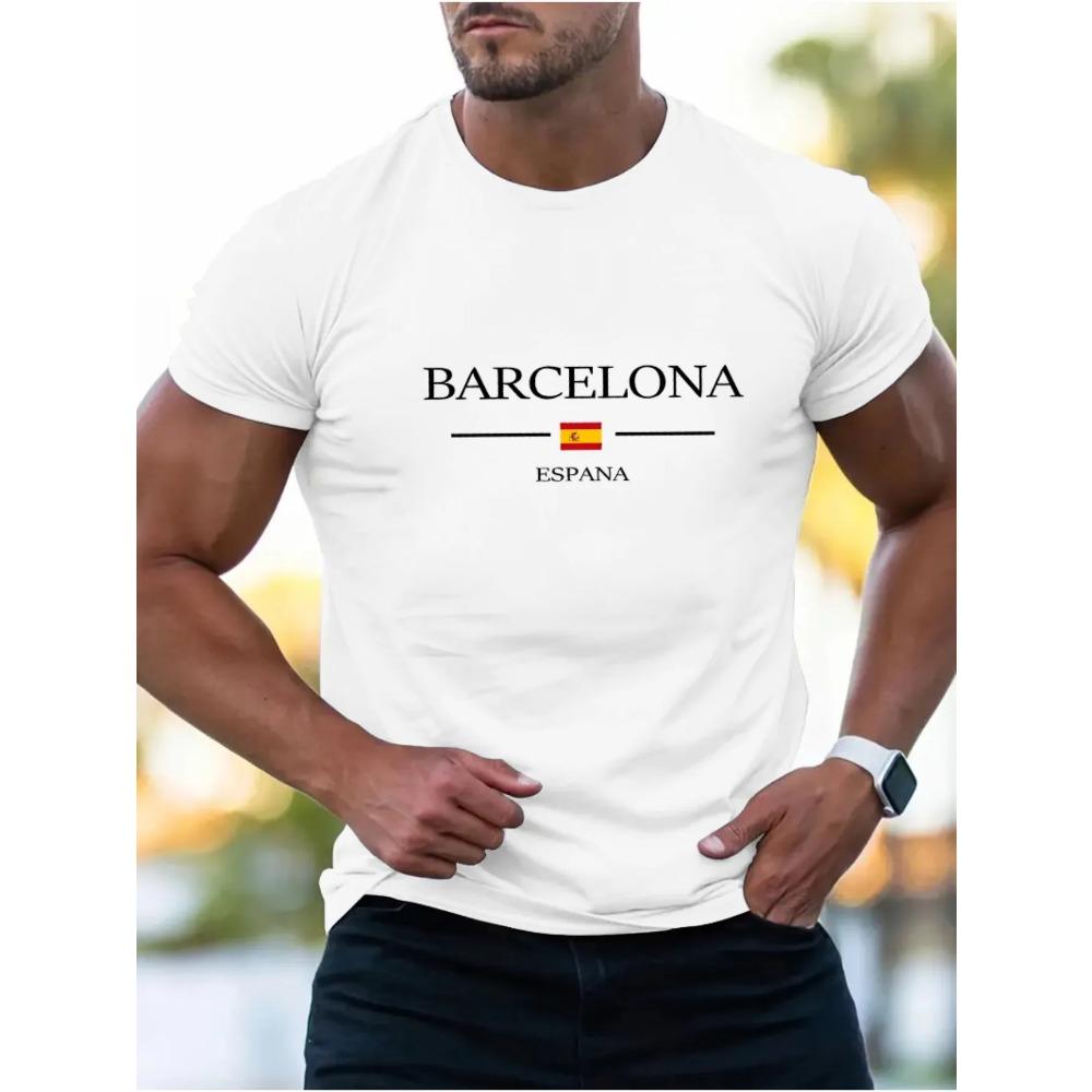 Summer Men's 100% Pure Cotton Casual Loose Plus Size Fashionable Barcelona Letter Printed Round Neck Short Sleeved T-shirt Top