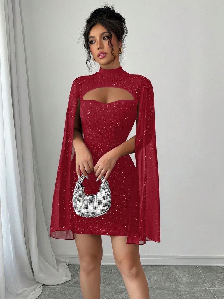 Women's Round Neck Hole Striped Pearl Mesh Cape Bodycon Dress
