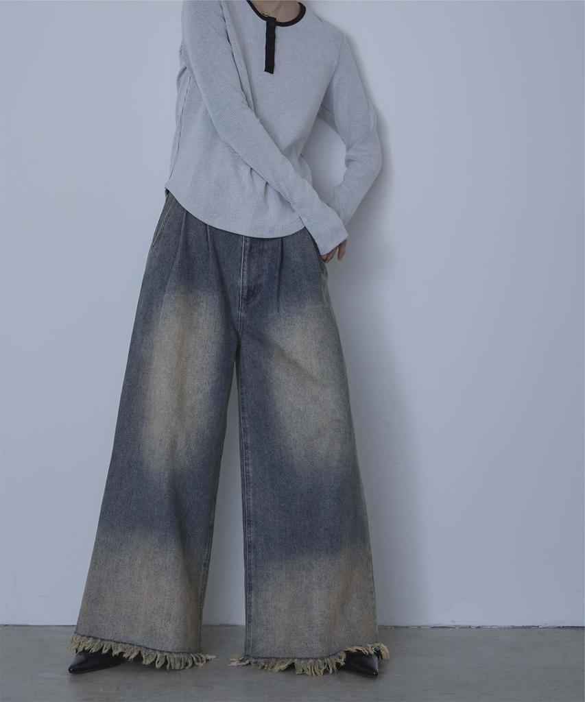 Miette Overdyed Denim Pants with Fringe At the Size RFXT0274 Wide-Leg Hem, Women's M, Blue,