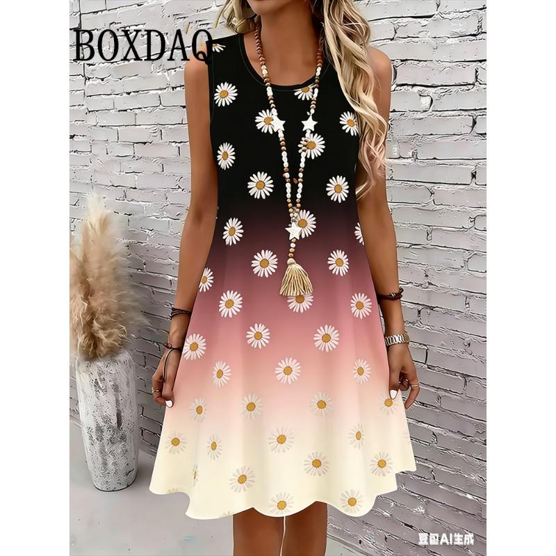 Women's Sleeveless A Line Dress Pink Floral 3D Print Dresses Summer Woman Clothing Sundress Casual Plus Size Ladies Beach Dress
