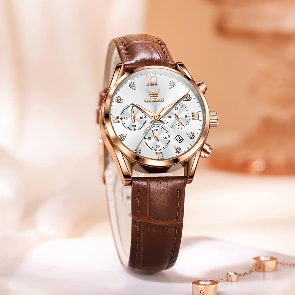 OLEVS Watch with Leather Quartz Diamond Luminous Easy To 30M Water Gift for Rose Gold White Women's Strap, Movement, Dial, Display, Read, Resistance,