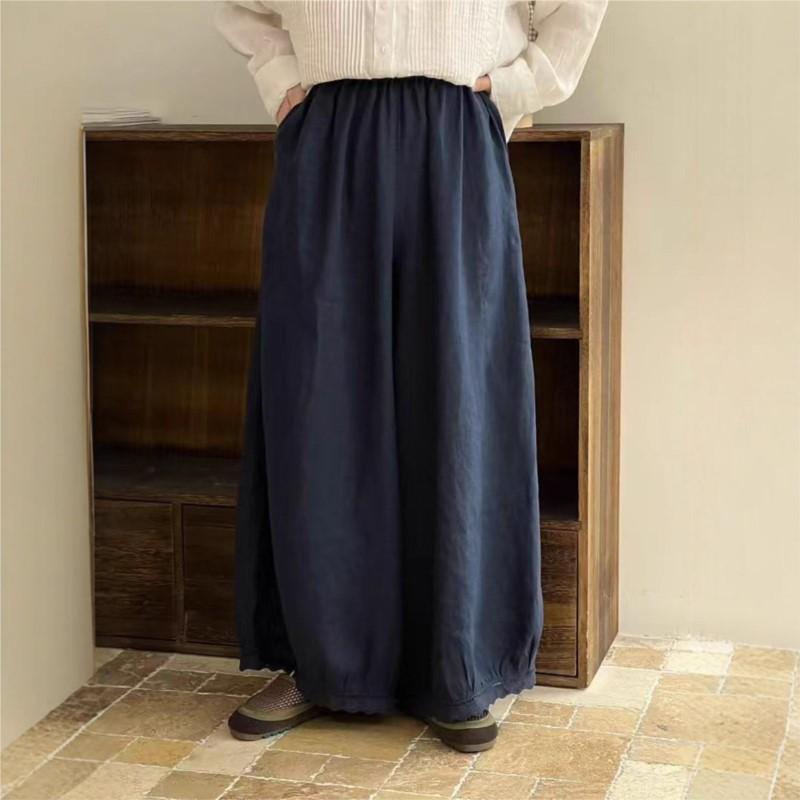 

Johnature Lace Nine-point Pants Retro Women Loose Versatile Casual Wide-leg Lace Casual Pants One Size темно-синий