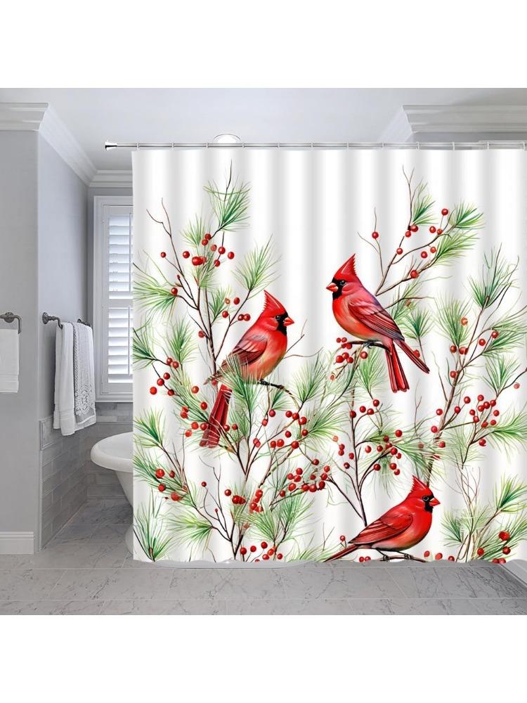 

Red Birds Shower Curtain Merry Christmas Xmas Pine Branches Twigs Pinecone Rustic Wild Holiday Happy New Year Festival Ornament W60H190(CM)-1 Pcs