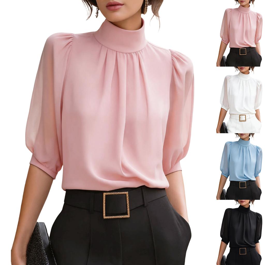 Women's High Neck Mesh Blouse with Puff Sleeves and Three-Quarter Length Sleeves