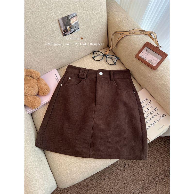 

Kumikumi Sexy Style Corduroy Skirt A- Line Skirt Women s Autumn High Waist Anti-Exposure Bodycon Dress Short Skirt Curry color XL