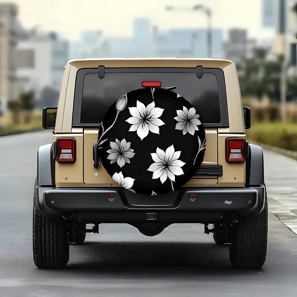 Floral Spare Tire Cover Black White Print Waterproof Dust Proof SUV Accessory