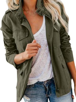Women's Military Utility Anorak Jacket Zip Up Snap Button Parka Coat with Pockets