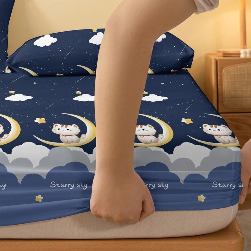 Cartoon 1 Cute Animal Cat Printed Matte Fitted Sheet, Bedroom Printed Bed Cover, Bedding Excluding Pillowcases