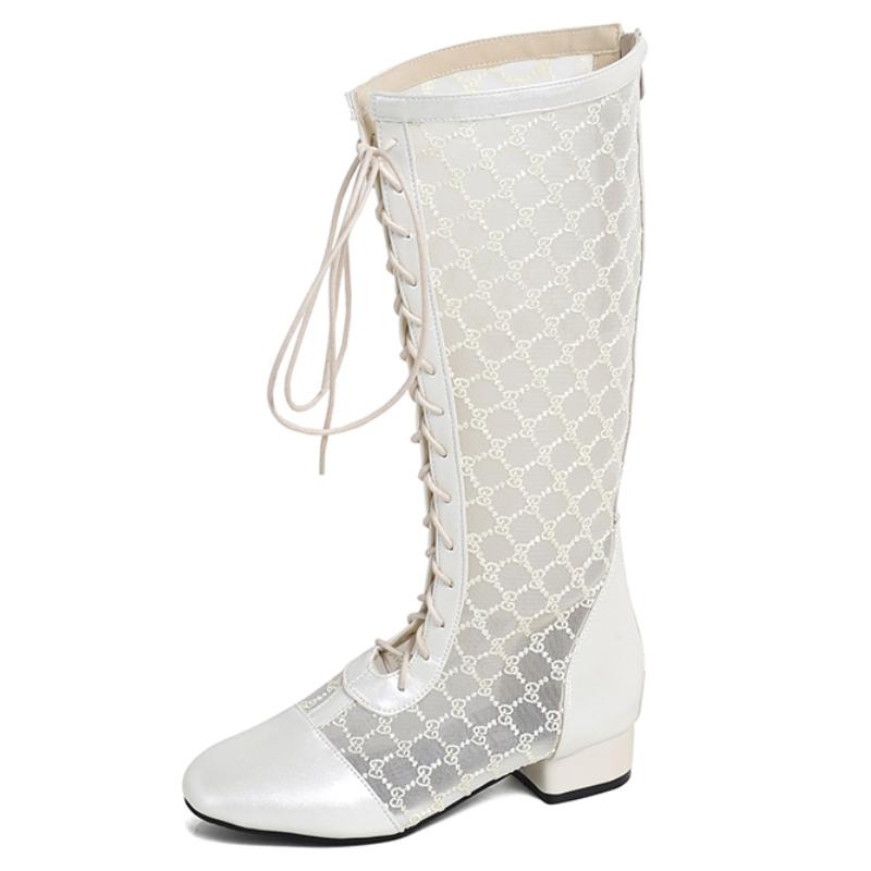 

Весна Лето Женские Сапоги до Колена Молния Повседневные Низкий Каблук Сетка Дышащие Белые Черные Женские Вечерние Длинные Туфли Дышащие 39 бежевый