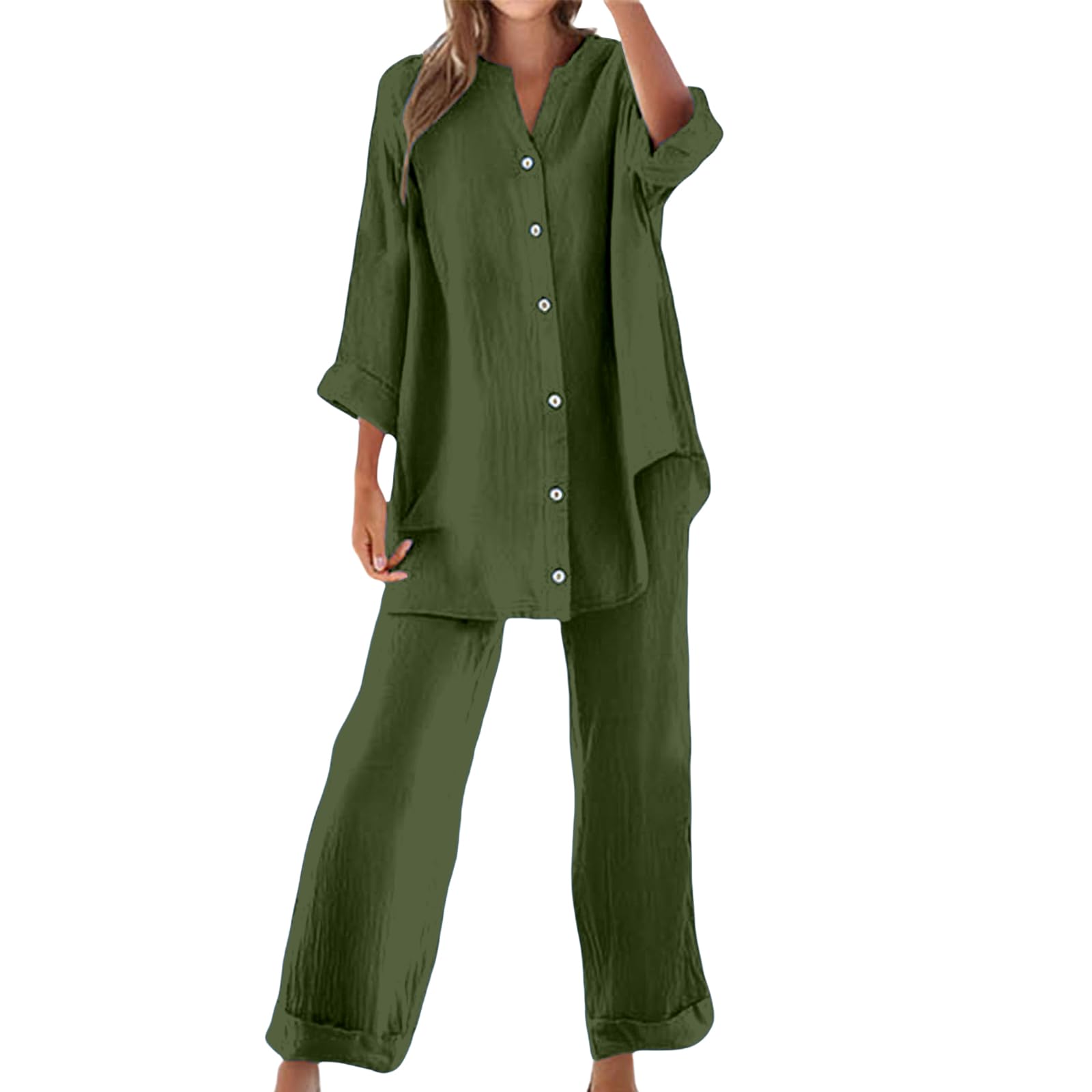 

Женский модный повседневный оверсайз комплект из двух предметов: рубашка на пуговицах L армия зеленый