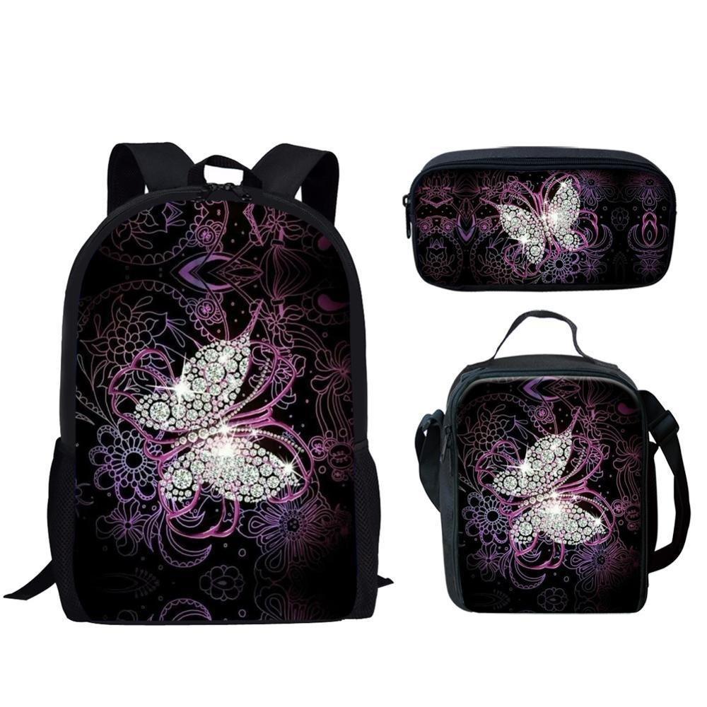 Trendig Beliebt Neuheit Lustig Schmetterling 3D-Druck 3 Stück/Set Schüler Schultaschen Laptop Tagesrucksack Rucksack Lunchtasche Federmäppchen