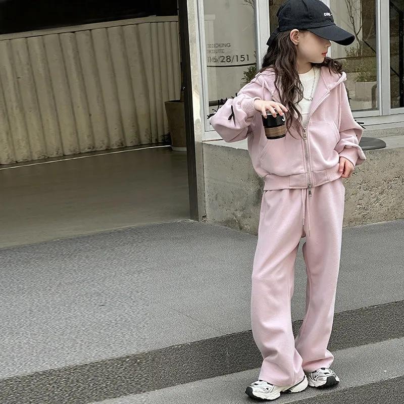 Frühlings-Herbst Kapuzenjacke & Hose für Kinder Mädchen Koreanischer Stil Schleife Sportbekleidungsset