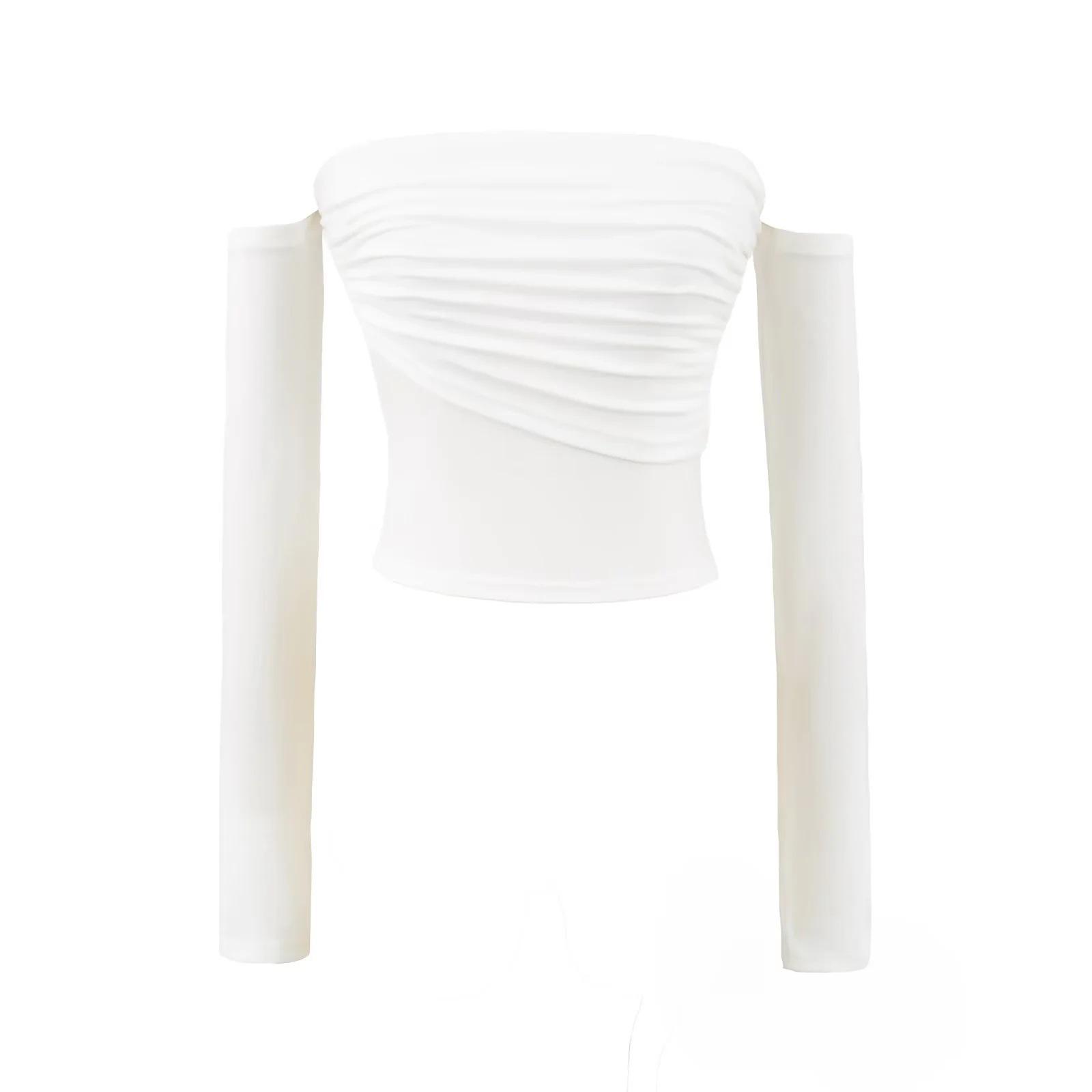 American Spicy Girl One-Shoulder Long Sleeve Pleated Crop Top - Women s Spring/Autumn Sexy Base Layer Medium белый