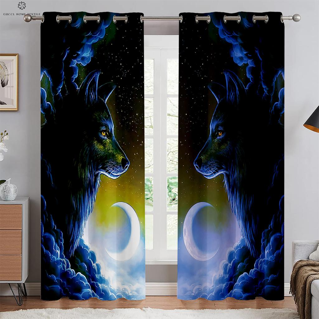 Starry Sky Moon Wolf Animal Print Window Blackout, Insulation Curtains, Bedroom, Living Room, Outdoor Kitchen Decorative Curtain