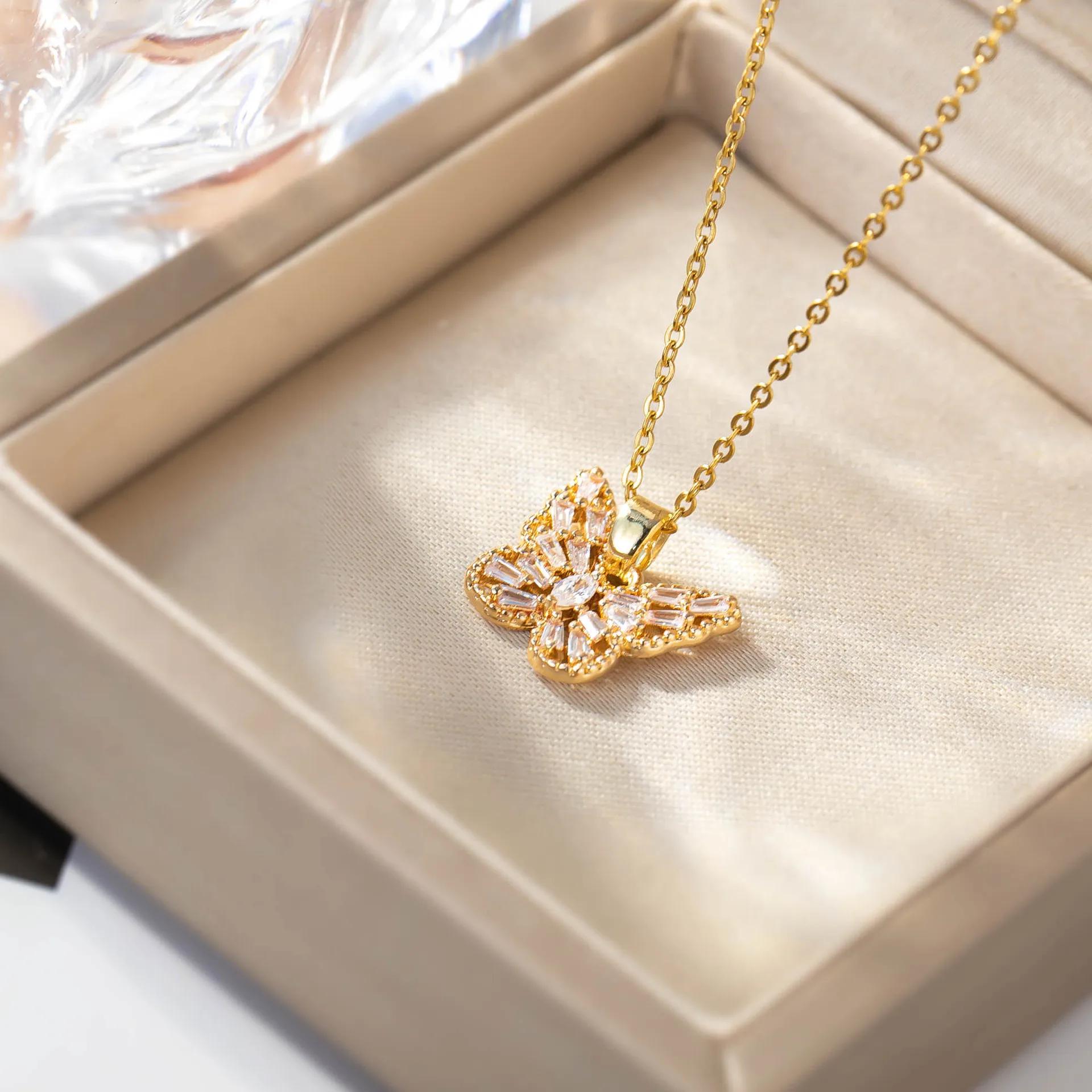 

Popular Water Resistant Stainless Steel Bright Pink Crystal Zircon Butterfly Pendant Necklace For Ladies Girls Women