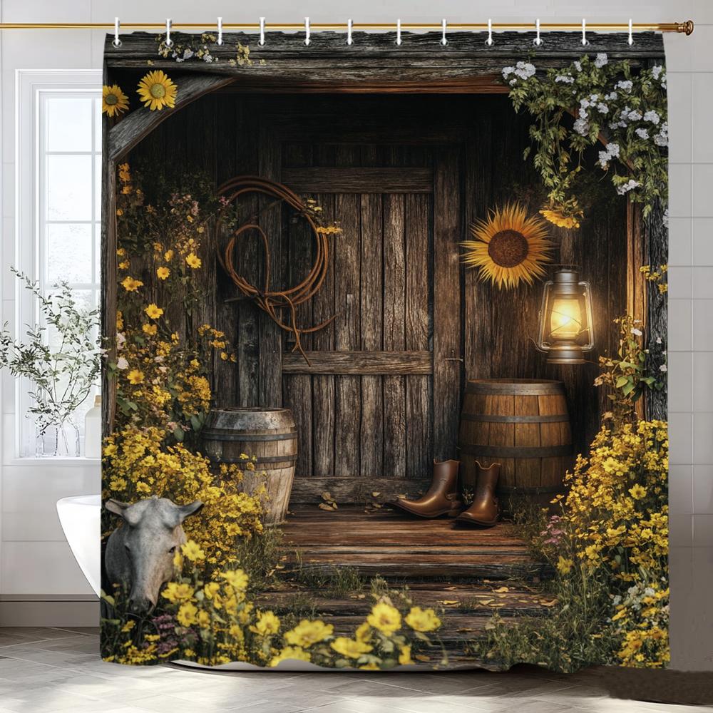 Rustic Farmhouse Garden Cowboy Theme Shower Curtain, Bathroom Decor Shower Curtain, Plants And Flowers Shower Curtain With Hooks