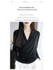 Women's V-Neck Long Sleeve Mesh Base Layer Top - Fashionable Age-Defying Crossover Neck Solid Color T-Shirt