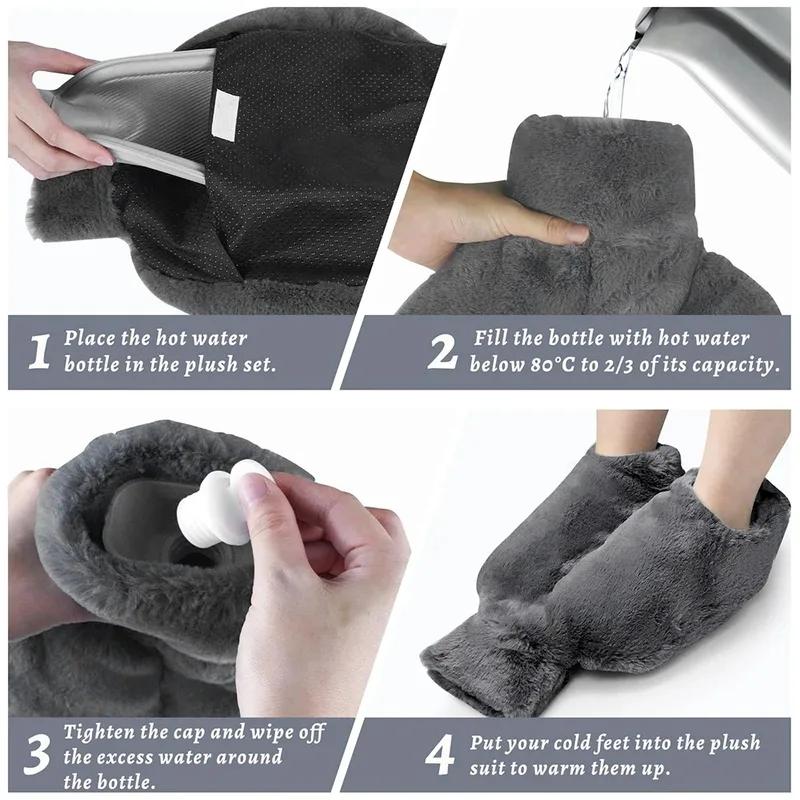 Large Hot Water Bottle for Feet Rubber Hot Water Bag with Soft Plush Cover Foot Warmer for Pain Relief Washable Foot Heating Pad