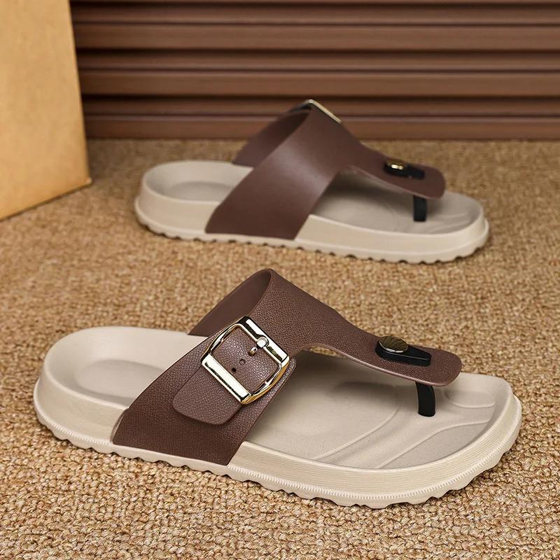 Fashion Leather Men's Sandals Summer Casual Flat Bottom Thong Slippers Beach Shoes Soft Sole Indoor Outdoor Slip-On Footwear