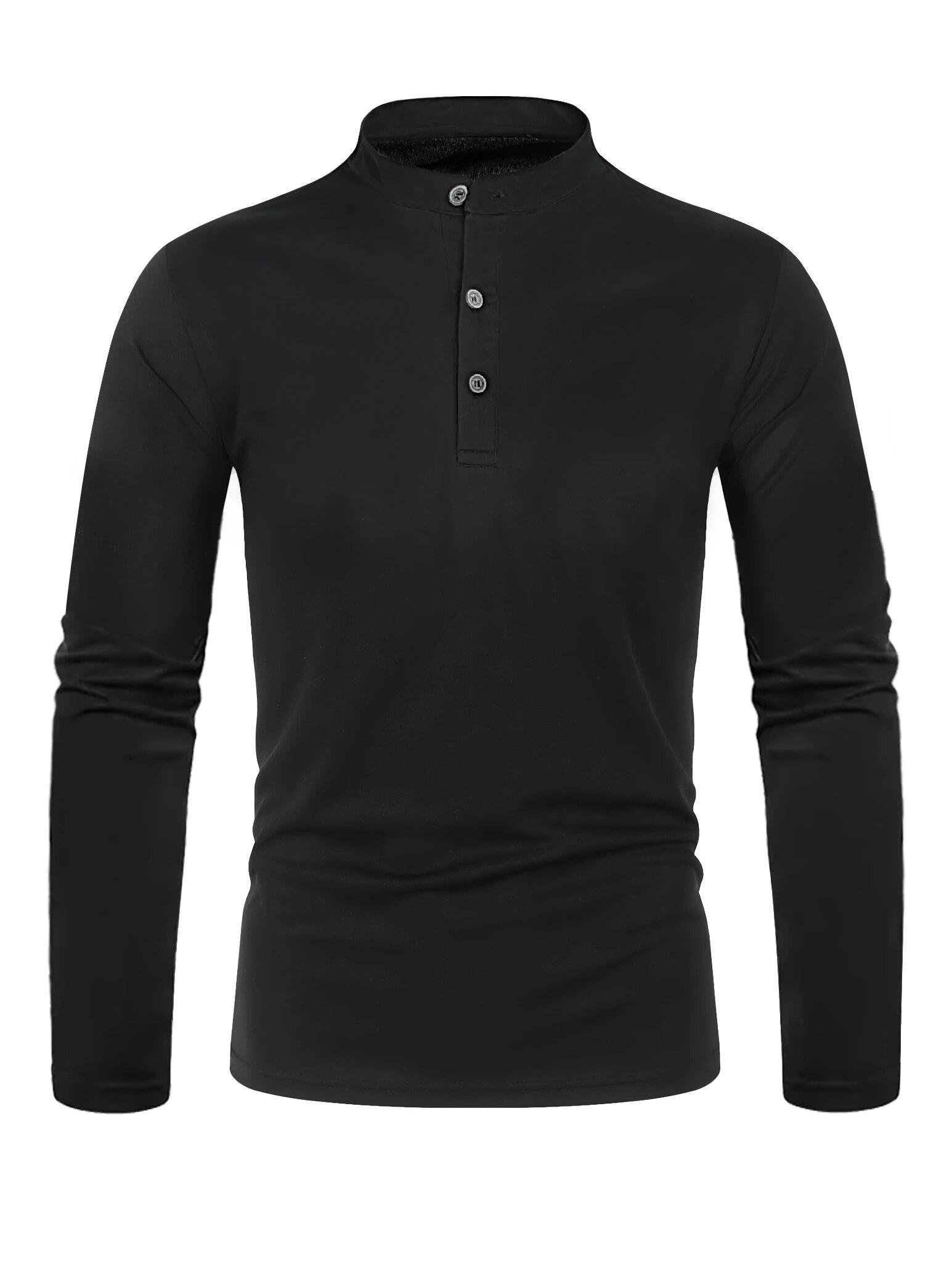 

Men S Henry Collar Long Sleeve Polo Shirt Men S Autumn Casual Breathable Daily Spring High Quality Bottoming Shire Tt L чёрный
