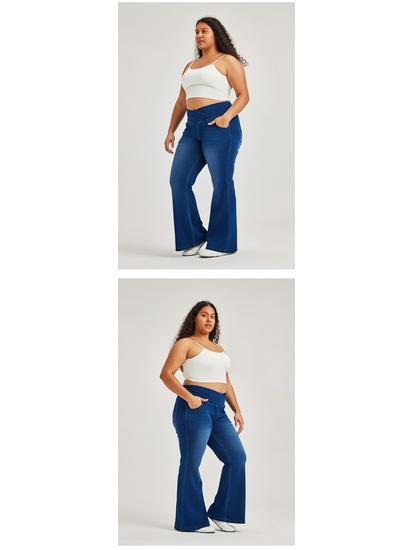 Women's Plus Size Cross-Waist Wide-Leg Jeans with Frayed Edges, Monkey Wash, Pockets, and Elastic Waist - Casual Slimming Fit