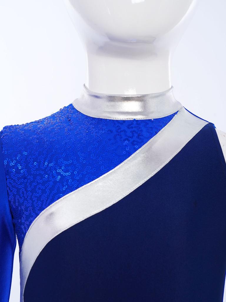 Kids Girls Stage Performance Jumpsuit: Mock Neck Shiny Sequins Color Block Asymmetrical Cut with Back Invisible Zipper