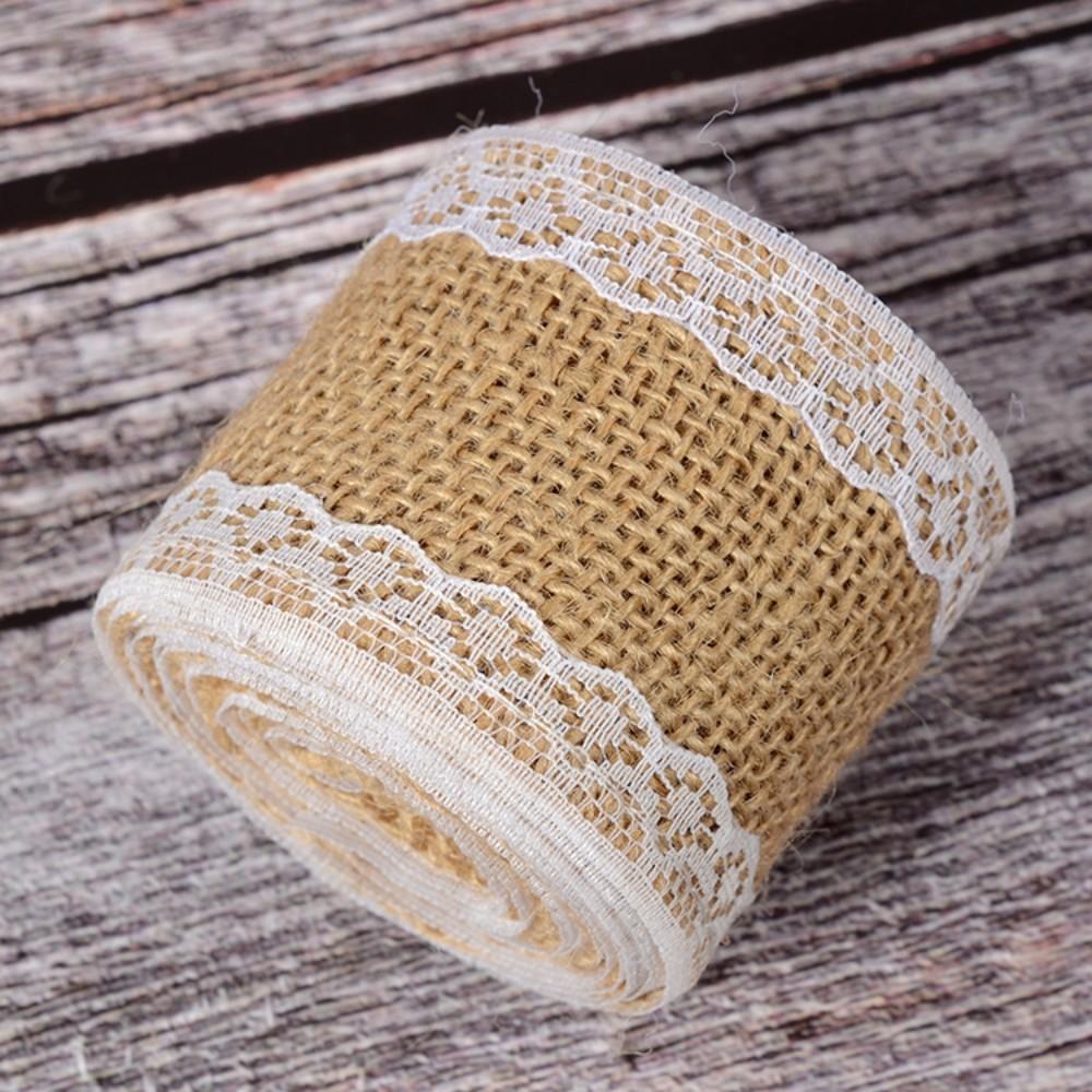 1 Rol 2M×5cm Natuurlijk Jute Linnen Lint, Rustiek Vintage Linnen Kantrand voor Bruiloftsdecoratie, Kerstfeest & Knutselbenodigdheden