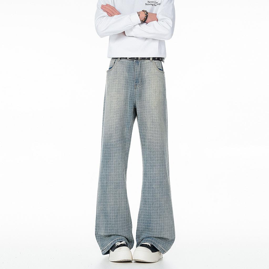 Karomuster Jacquard leicht ausgezogene Jeans Herren Amerikanischer Retro Weiter Bein Zeigt Hohes und Dünnes Vibe Stil Lässige Hose Xintang