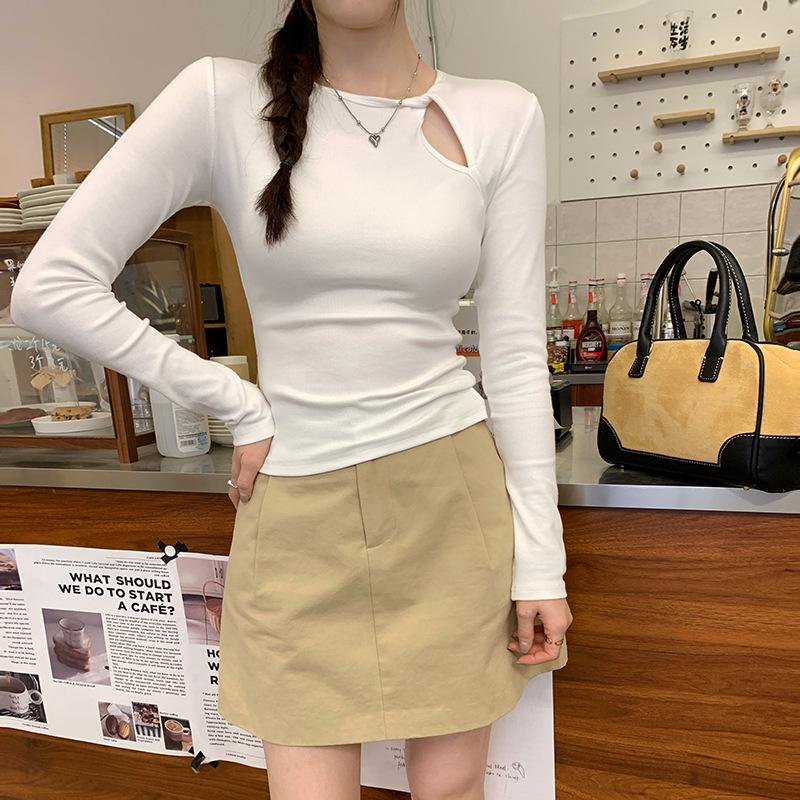 Women's Slim Fit Long Sleeve T-shirt - Pure Desire Collection: Hollow Round Neck, Drop Shoulder, Inner Layer for Autumn/Winter