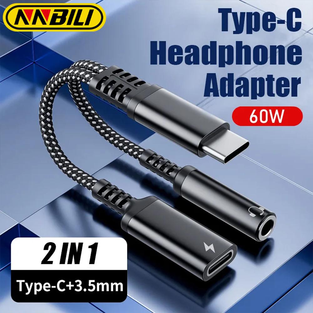 NNBILI 2in1 1in1 USB Type C To 3.5mm Headphone Audio Aux Jack Adapter PD 60W Fast Charging Cable for iPhone 15 Samsung Xiaomi