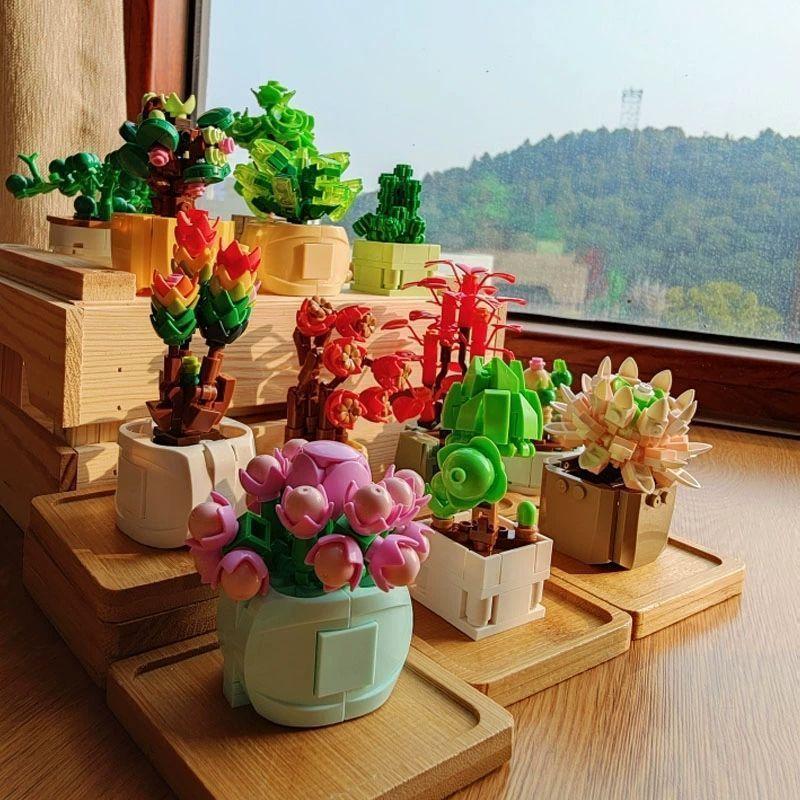 Non-Toxic Blind Boxes Toys Building Block Flower Succulents Plant Diy Children Assemble Mini Brick Blocks Toys For Children Kids Gifts
