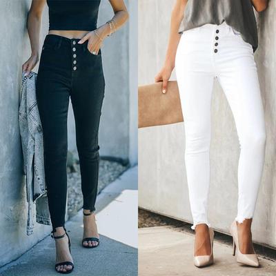 2025 Spring Women's European and American Style Solid Color Elastic Skinny Jeans.