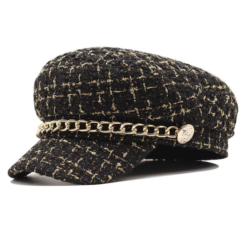 

Xiaoxiangfeng Hat, Gold Thread Plaid, Versatile Octagonal Hat, Retro Splicing Chain, Beret Woman M（56-58cm） чорний