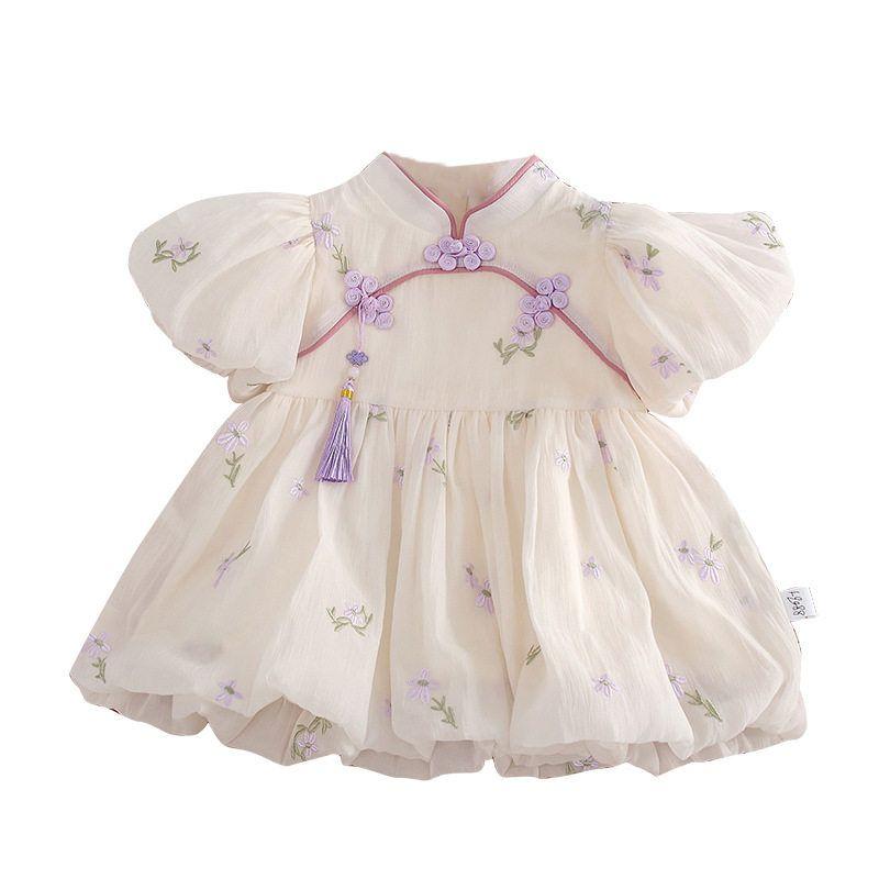 Baby Girl Summer Dress, Infant Summer Short-Sleeve Romper, Chinese Style Cheongsam Mini Skirt, One-Piece Crawling Outfit for Summer