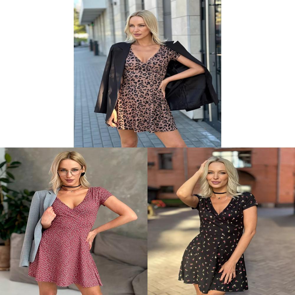 Summer Floral Knit Dress With Vneck Short Sleeves For Casual Women