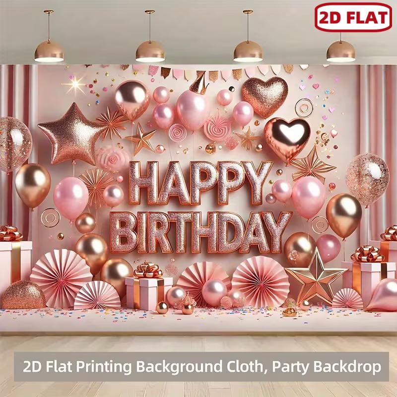 2D FLAT Banner Rose Gold Balloon Happy Birthday Party Backdrop with Confetti