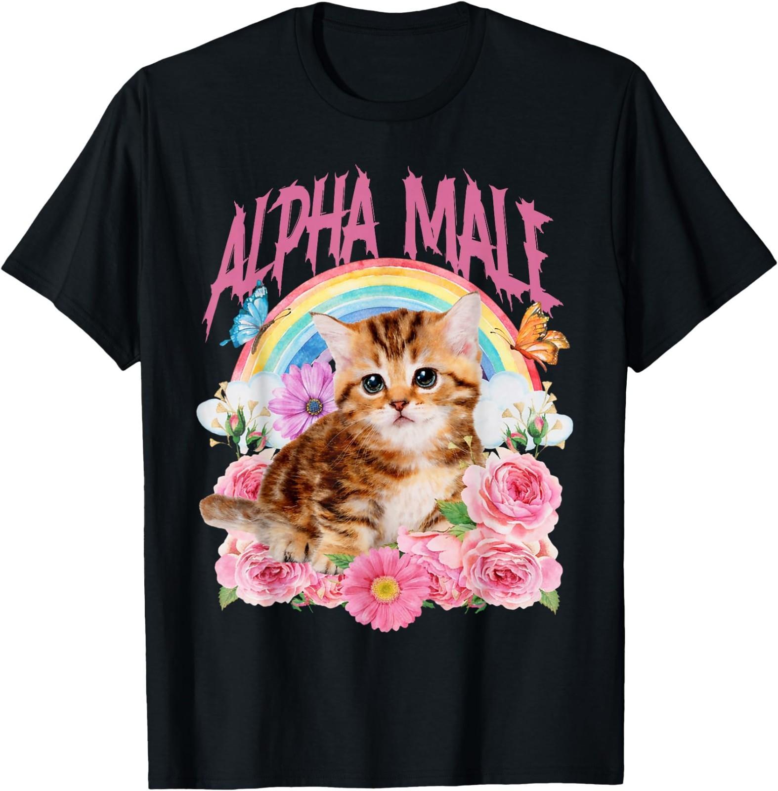 Alpha Male Funny Cat Kitten Rainbow Floral T-Shirt, Unisex Shirt Szie S-4Xl S