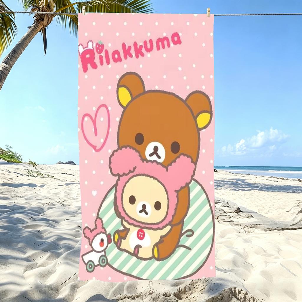 R-Rilakkuma Cute Brown Bear Pink Polka Dot Heart Beach Towel Microfiber Quick Dry Kawaii Bath Towel For Pool Beach Travel Girls