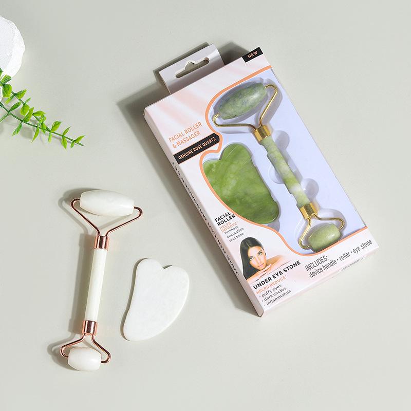Heart-Shaped Rose Quartz Dual Roller & Massage Board Set - Non-Jade White Facial Tool